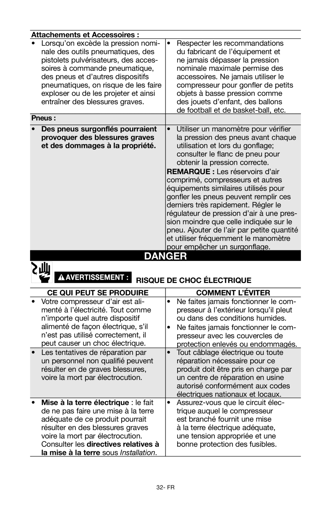 Porter-Cable Air Compressor Attachements et Accessoires , Pneus Des pneus surgonflés pourraient, Risque de choc Électrique 